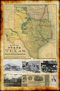 1876 Republic of Texas Map with Vintage Pictures Poster 24X36