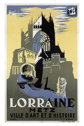 LORRAINE vintage travel poster FRENCH castle town GOTHIC unique scary 24X36