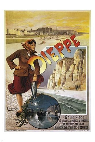 vintage train travel poster DIEPPE FRANCE coastline landscapes UNUSUAL 24X36