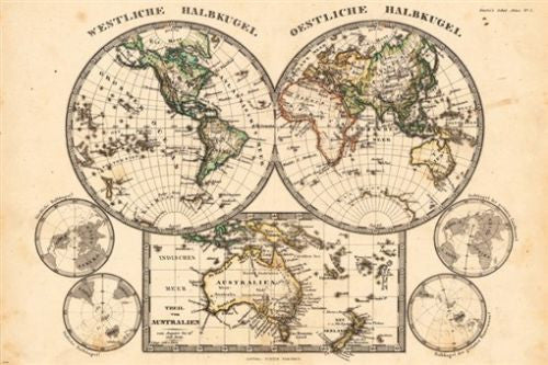 ANTIQUE MAP OF TWO HEMISPHERES poster includes EAST, WEST & AUSTRALIA 24X36