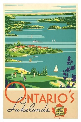 vintage travel poster ONTARIO'S LAKELANDS beautiful scenic waterways 24X36