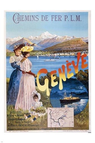 GENEVA vintage train travel poster CHEMINS DE FER P.L.M. beautiful 24X36 RARE