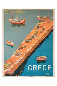 GREECE vintage travel poster MEDITERRANEAN colorful BOATS 24X36 prized