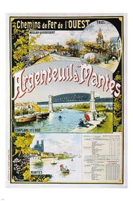 VINTAGE FRENCH train travel poster ARGENTEUIL a MANTES coastline boats 24X36