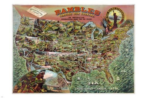 1890 VINTAGE geographical game for youth EDUCATIONAL POSTER 24X36 collectors