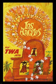 vintage travel poster TWA LOS ANGELES bright church bells COLLECTORS 24X36