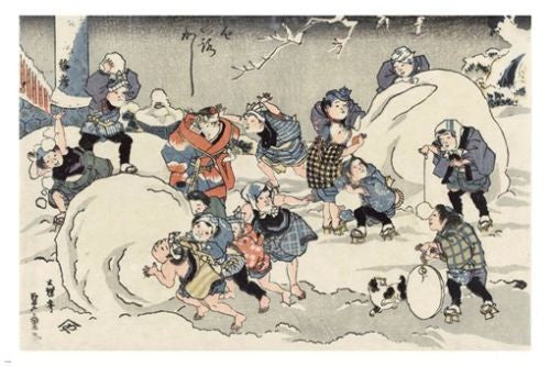 JAPANESE FINE ART Print Poster 24X36 Snow Wintry Scene Kids Fun Unique
