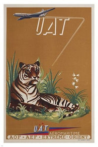 UAT AIRLINES vintage travel poster TIGER RELAXING stripes PRIZED 24X36 new
