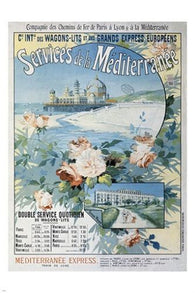 MEDITERRANEAN SERVICES vintage FRENCH train travel poster SHIPS ocean 24X36