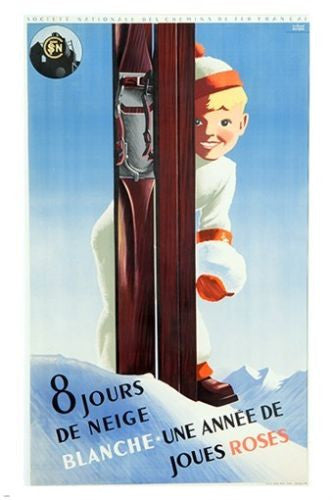 BOY AND SKIS vintage ad poster SNOW MOUNTAIN winter sports COLLECTORS 24X36