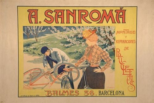 a. sanroma MONTAGE AND REPAIR OF BICYCLES vintage ad poster BARCELONA 24X36