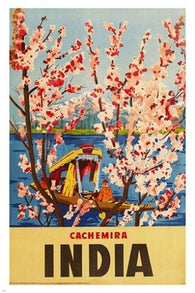 CACHEMIRA INDIA vintage travel poster CHERRY BLOSSOM FLOWERS boat 24X36 NEW