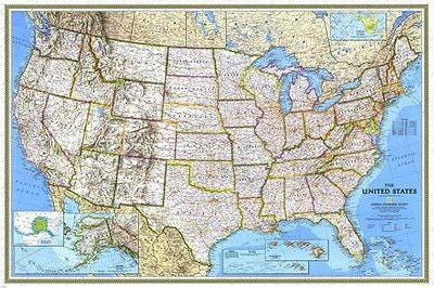 LARGE RELIEF AND POLITICAL MAP OF THE UNITED STATES poster city airports 24X36