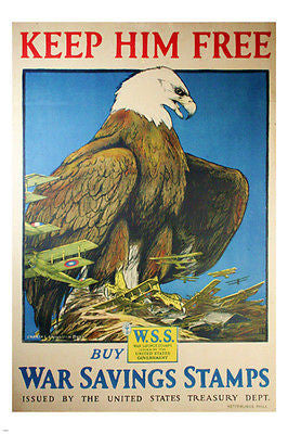KEEP HIM FREE WW1 vintage USA poster EAGLE planes WAR savings stamps 24X36