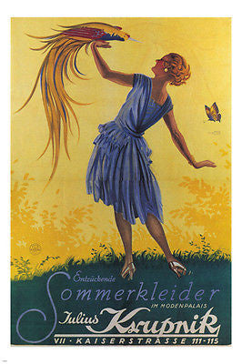 ADORABLE SUMMER DRESSES Poster Austria 1928 24X36 Exotic Bird Butterfly