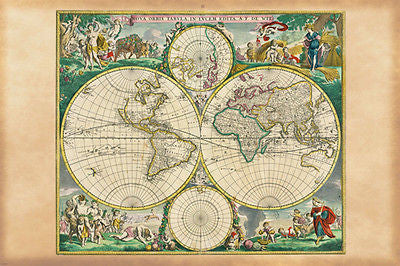 1670_WOLD MAP NOVA ORBIT DE WIT POSTER historic painted scenes borders 24X36