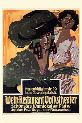 WEIN-RESTAURANT VOLKSTHEATRE vintage ad poster J WITZEL GERMANY 1908 24X36