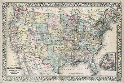 1867 MITCHELL MAP OF THE US TERRITORIES & CANADA poster historic 24X36-PW0