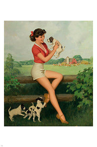 classic PIN-UP GIRL holding puppy adorable POSTER 24X36 SEXY leggy BRUNETTE