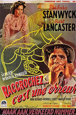 FILM noir MOVIE poster SORRY, WRONG NUMBER STANWYCK & LANCASTER 24X36