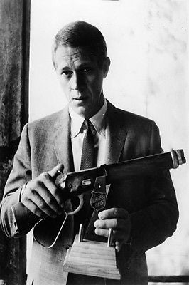 STEVE MCQUEEN IN SUIT HOLDING GUN poster classic CANDID mood 24X36