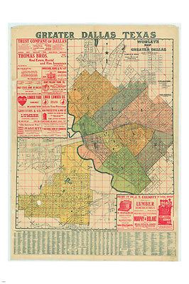WORLEY'S GREATER DALLAS map poster 1905 24X36 details color-coded HISTORICAL