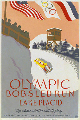 Olympic BOBSLED RUN Lake Placid vintage poster NY Conservation Dept 24X36