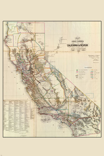 1866 MAP OF CALIFORNIA AND NEVADA color-coded legend HISTORIC 24X36-PW0