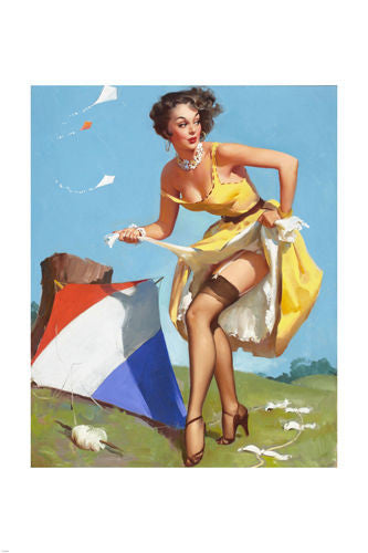 PIN-UP FIXING KITE BRUNETTE LEGGY POSTER fun flirty colorful 24X36