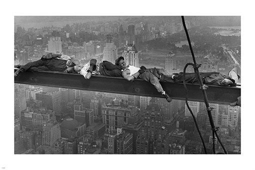 vintage photo poster B/W CONSTRUCTION WORKERS ABOVE CITY prized rare 24X36