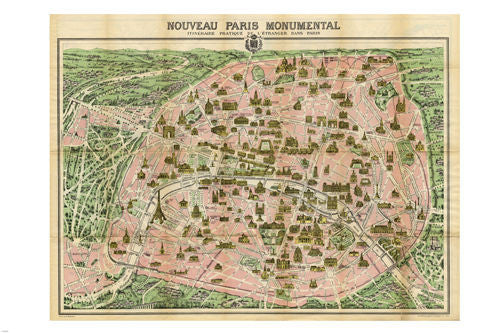 19th century PARIS MONUMENTAL TOURIST MAP poster rare COLLECTABLE 24X36  -PW9