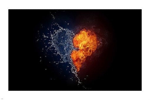 WATER AND FLAMES HEART contemporary art poster ONE-OF-A-KIND dramatic 24X36
