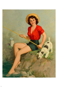 VINTAGE  pin-up fishing w/ DOG poster 24X36 SEXY BRUNETTE leggy busty CUTE