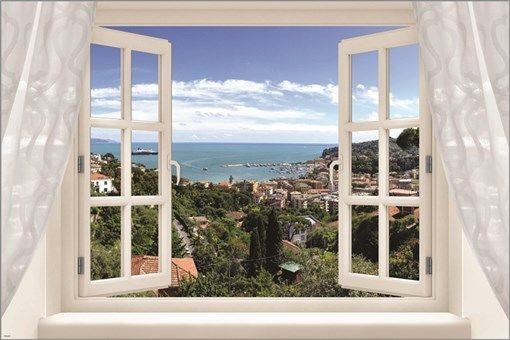 window into italian riviera poster LUSH GREEN scenic OCEAN COLLECTORS 24X36