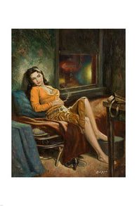 PIN-UP GIRL PAINTING LOVELY BRUNETTE POSTER buxom laid back 24X36
