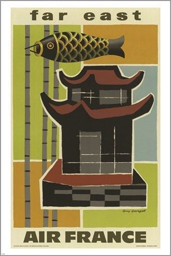 french airline FAR EAST vintage travel poster UNIQUE DESIGN pagoda 24X36 NEW