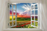 window onto FIELD OF FLOWERS scenic poster VIBRANT COLORS 24X36 red sky