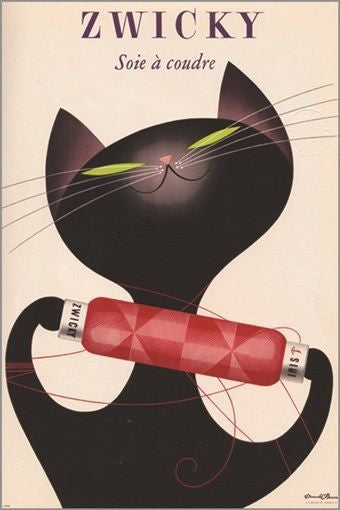 ZWICKY SWISS COTTON art poster KITTY AND STRING donald brun 24X36 UNIQUE
