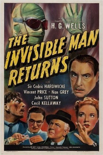 vintage horror movie poster H.G. WELLS - THE INVISIBLE MAN RETURNS 24X36 new