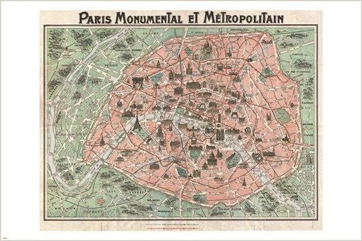 1932 ROBELIN MAP OF PARIS w/monuments poster METROPOLITAN collectors 24X36