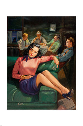 PIN-UP GIRL PAINTING  BEAUTIFUL LANGUID BRUNETTE POSTER leggy smoke 24X36