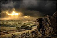 RUSTIC OUTDOOR SCENE cliff clouds sun breaking through 24X36 RARE NATURE