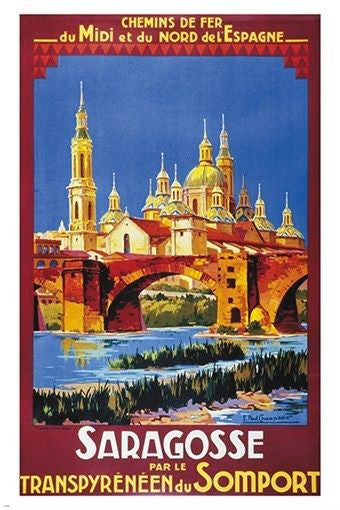 SARAGOSSE SPAIN VIA FRANCE vintage train travel poster BRIDGE TOWERS 24X36