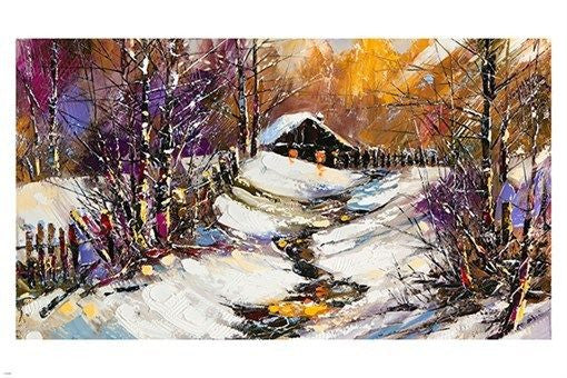 OIL PAINTING vivid colors winter scene HOUSE IN SNOW 24X36 (Paper Poster)