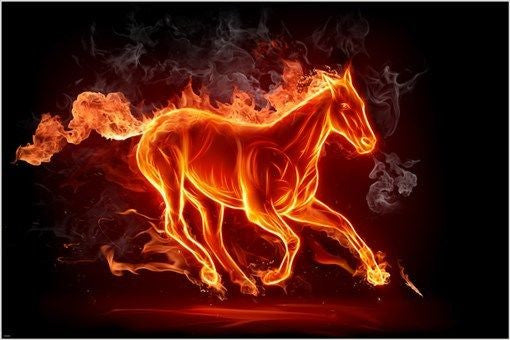 unique RUNNING HORSE ON FIRE animal art poster SMOKE FLAMES glowing 24X36