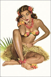 vintage HAWAIIAN travel poster PIN UP GIRL native sexy GRASS SKIRT 24X36