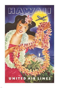 HAWAIIAN vintage travel poster UNITED AIR LINES flowers TRADITIONAL 24X36