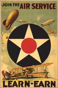 join the AIR SERVICE vintage war poster LEARN - EARN military bi-plane 24X36