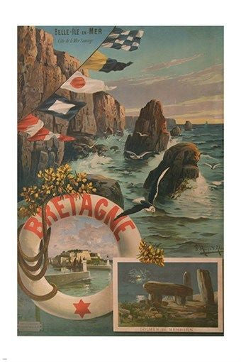 BRETAGNE seascape travel poster FLAGS CLIFFS collectors layered style 24X36