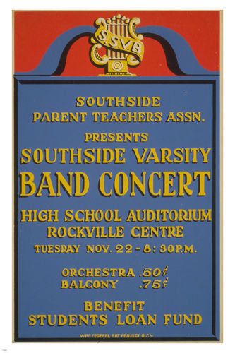 SOUTHSIDE VARSITY BAND CONCERT vintage poster 1938 24X36 high school MUSIC